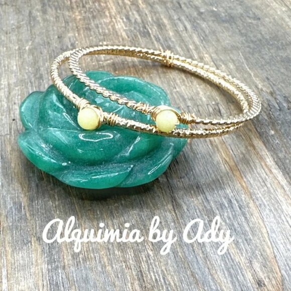 Lemon Jade gold statement bangle cuff bracelet set handmade bohemian luxury - Picture 1 of 7
